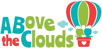 Colorful hot air balloon with text logo.